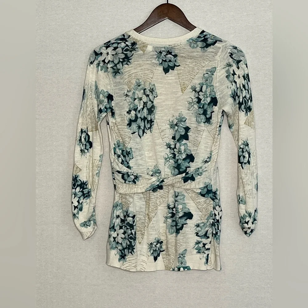 Anthropology lightweight blue-green floral cardigan with gold accents & pockets - Picture 3 of 5